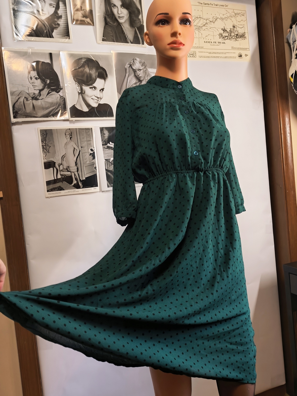 Christian Dior Paris teal and black polka dot ruched midi dress, women's medium